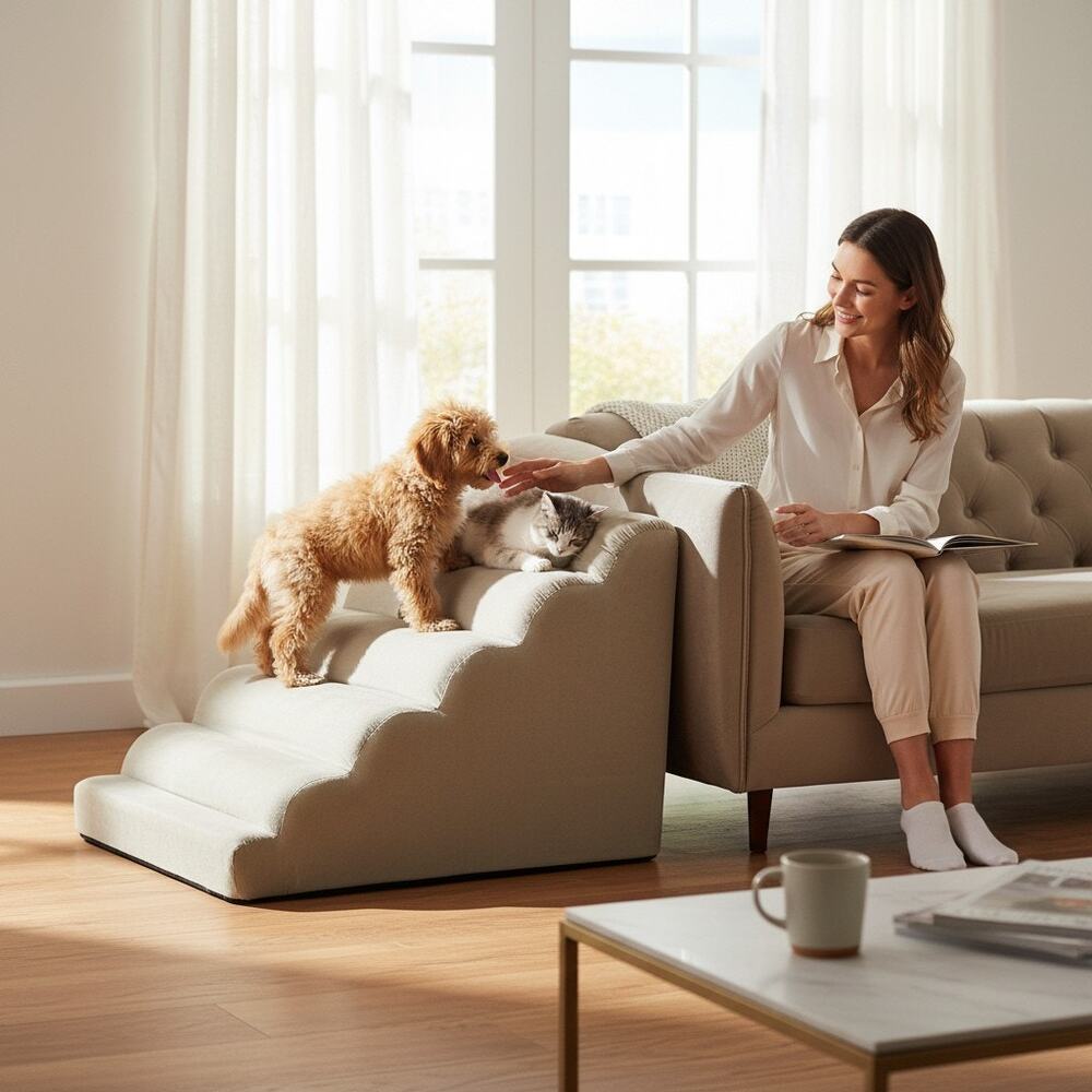 Snoozer 4 Step Pet Stairs Large Dog Ramp Foam Steps Tan Washable Cover